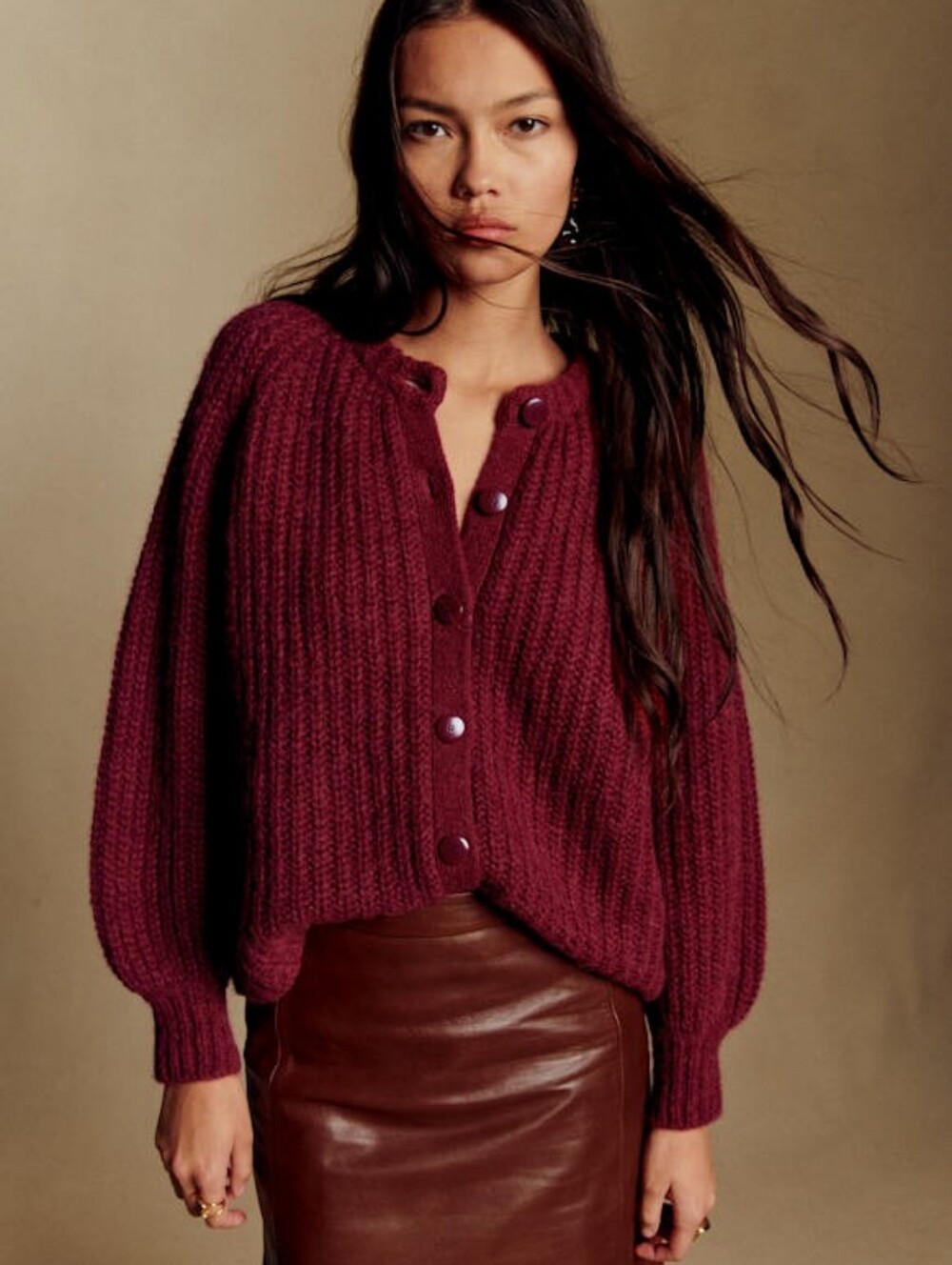 Sezane Emile Cardigan Burgundy Size XS Alpaca Blend Balloon Sleeve Chunky Knit